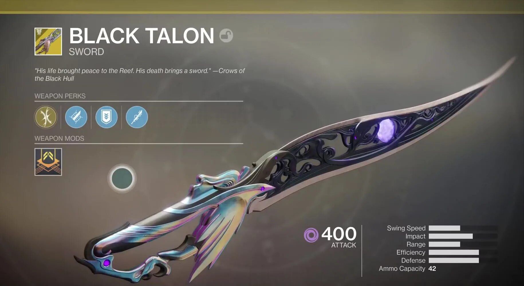Black Talon Exotic Void Sword – Heavy Attack projectile suppression & catalyst perk – Destiny 2