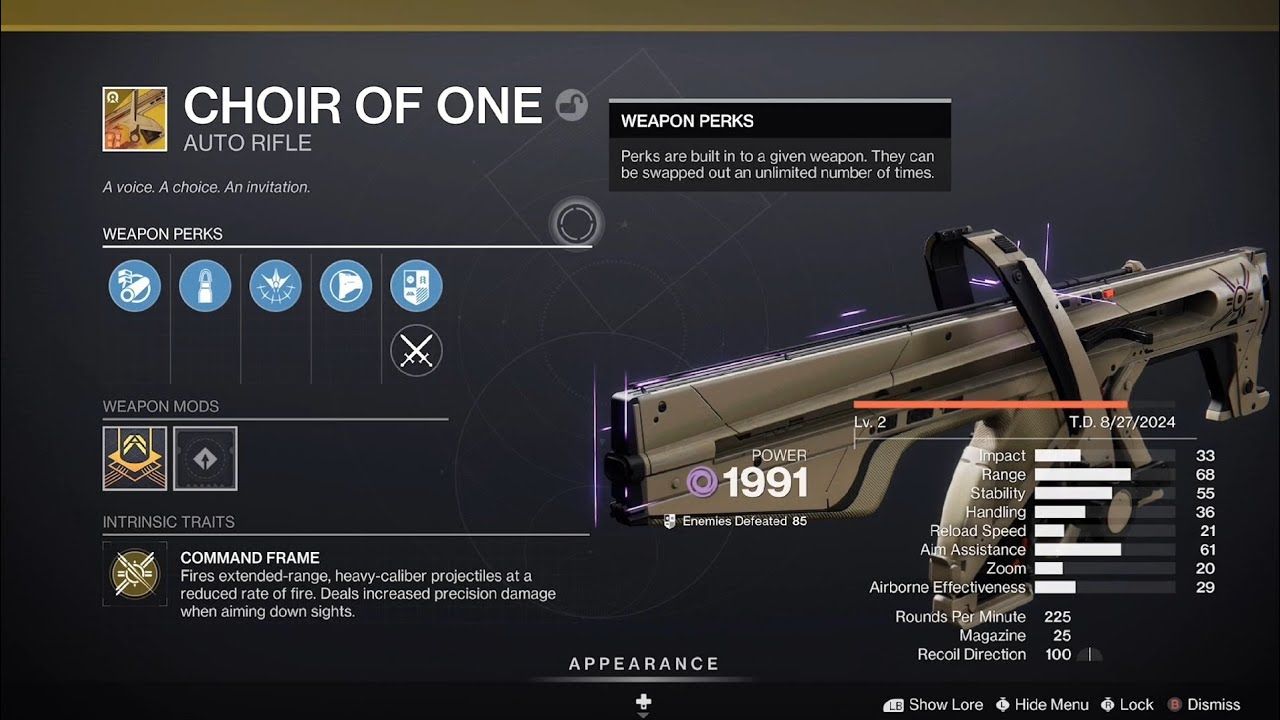 Destiny 2 Choir of One exotic auto rifle - special ammo - command frame with ADS precision shots and hip-fire spread - Episode Revenant meta weapon