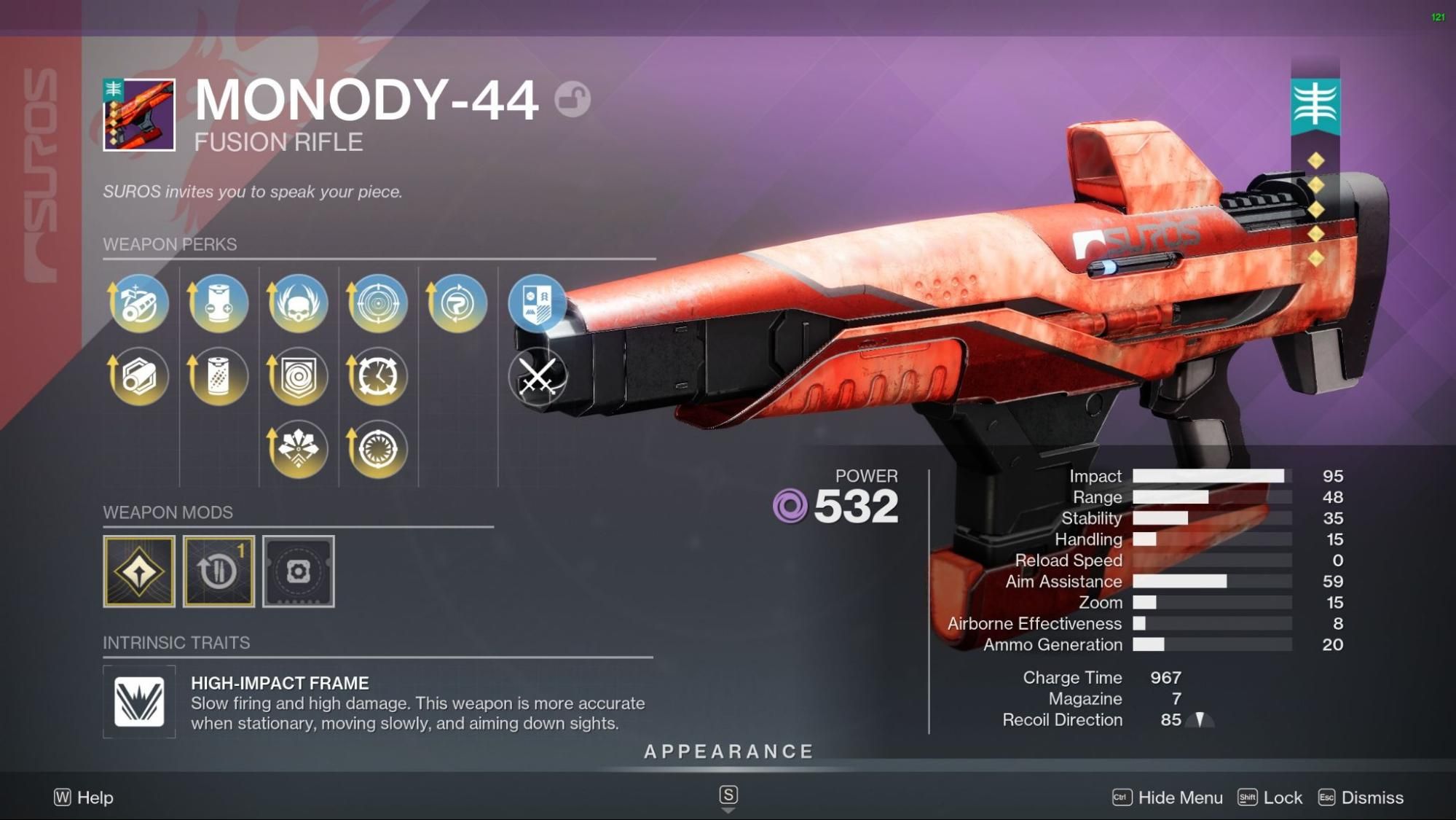 Monody-44 legendary Void High-Impact Fusion Rifle – PvE god roll Corkscrew Rifling or Fluted Barrel, Accelerated Coils, Attrition Orbs or Discord, Controlled Burst, Reload Speed masterwork – PvP god roll Arrowhead Brake or Smallbore, Projection Fuse, Lone Wolf, Closing Time, Range masterwork – Destiny 2