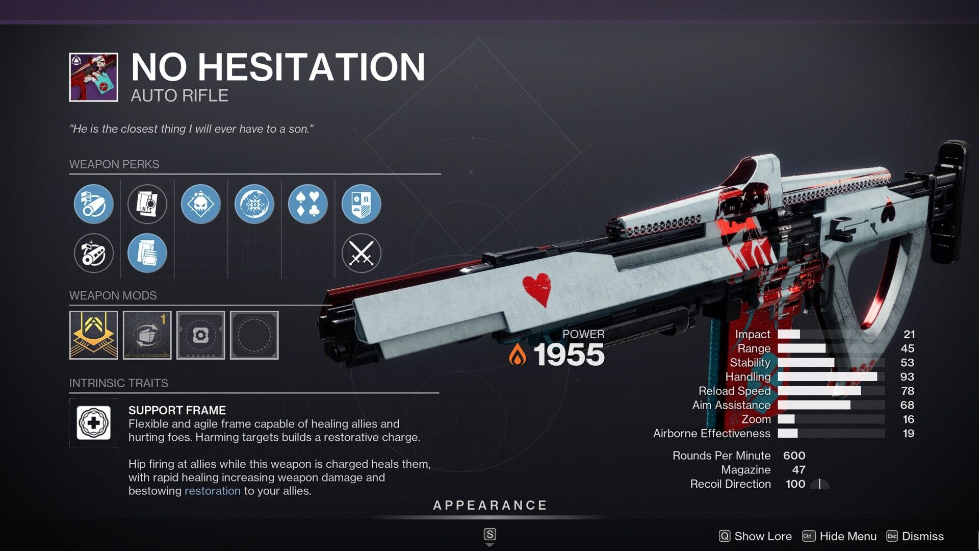 Destiny 2 No Hesitation god roll screen – Solar Auto Rifle – Support Frame – PvE god roll with Physic and Circle of Life – PvP perks and craftable Enclave weapon