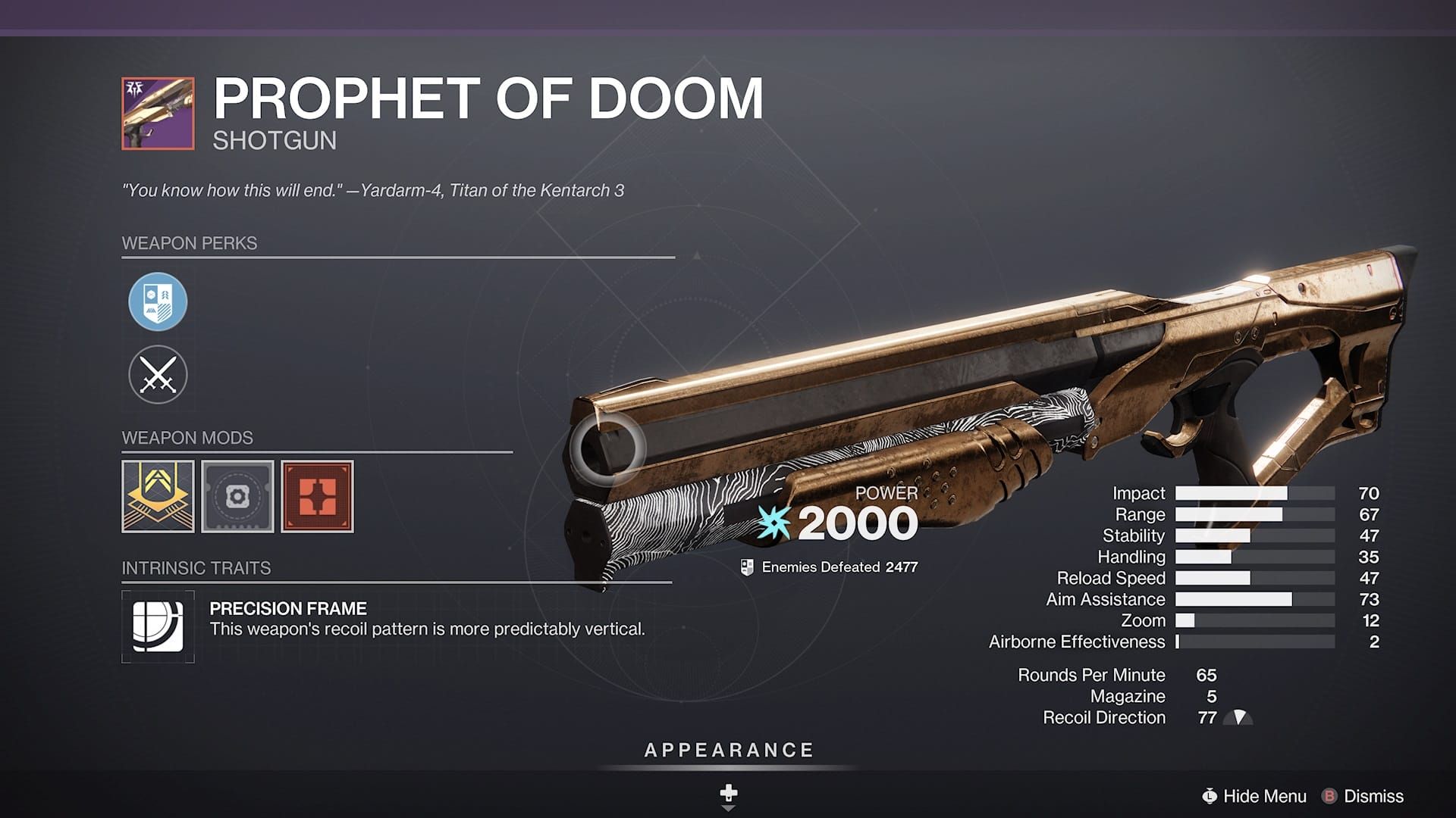 Destiny 2 Prophet of Doom Arc precision frame shotgun – Garden of Salvation raid weapon – PvE god roll: Barrel Shroud, Appended Mag, Envious Arsenal, One-Two Punch – PvP god roll: Barrel Shroud, Accurized Rounds, Threat Detector, Closing Time