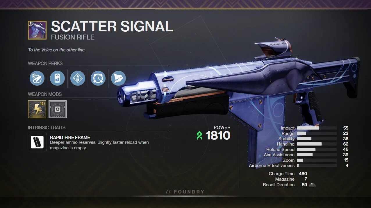 Destiny 2 Scatter Signal – Strand Rapid-Fire Fusion Rifle – PvE god roll: Arrowhead Brake, Enhanced Battery, Overflow, Controlled Burst, Charge Time masterwork – PvP god roll: Chambered Compensator, Projection Fuse, Perpetual Motion, Kickstart, Range masterwork