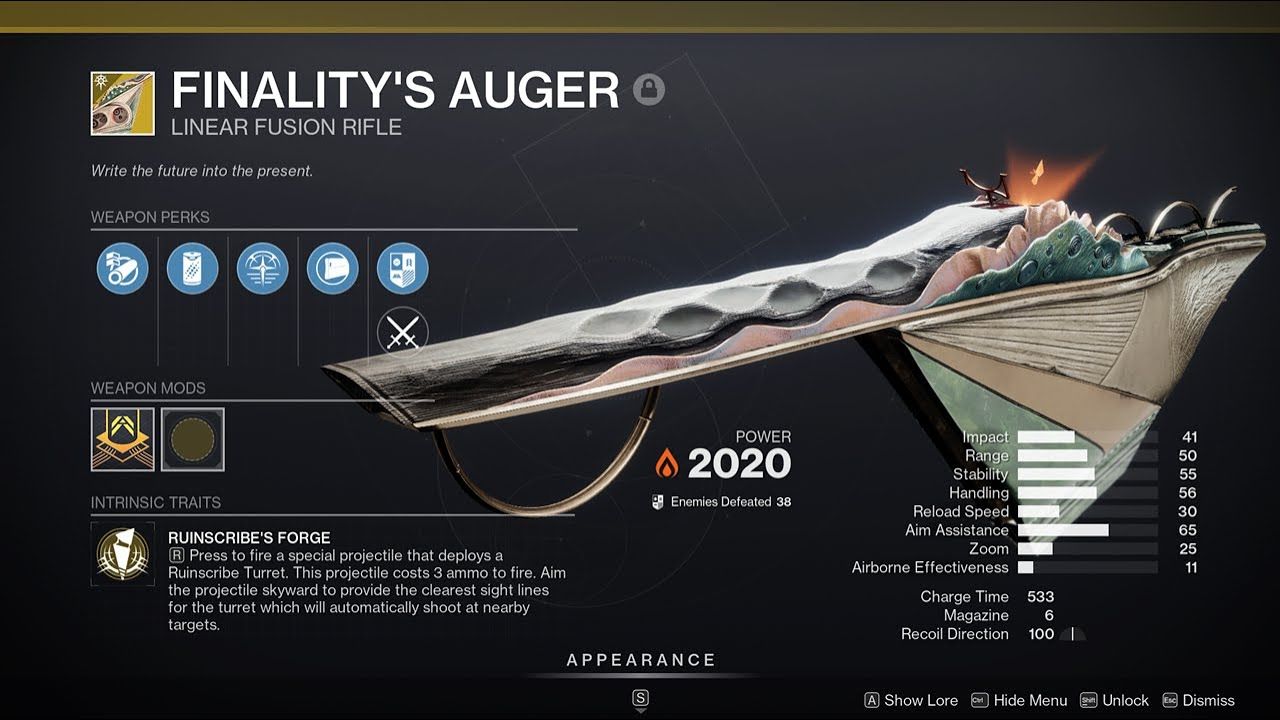 Destiny 2 Finality's Auger Exotic Solar Linear Fusion Rifle – Sundered Doctrine dungeon drop – stats, perks, and Ruinscribe Turret mechanic.