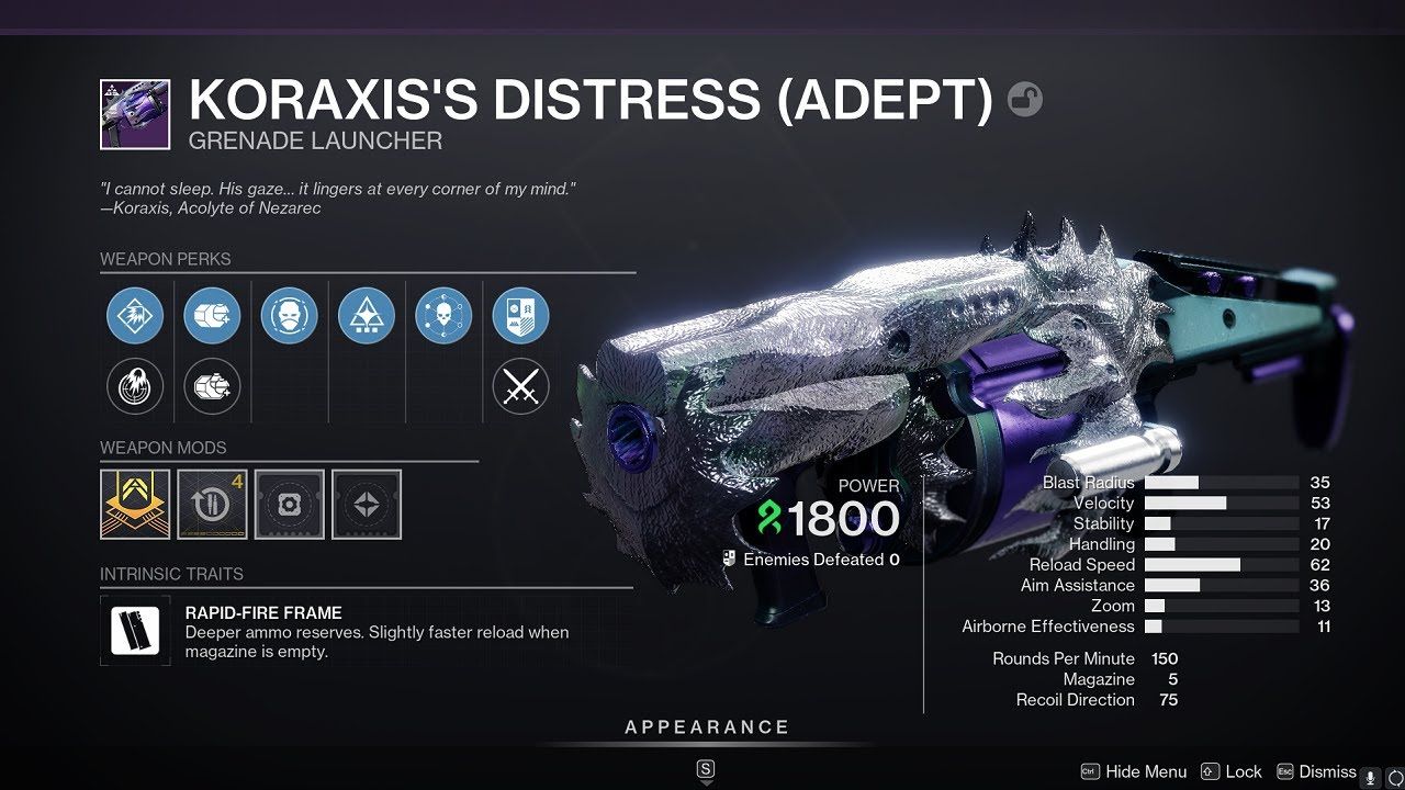 Destiny 2 Koraxis's Distress Strand Heavy Grenade Launcher – Root of Nightmares raid – PvE god roll Reconstruction Hatchling – PvP god roll Impulse Amplifier Proximity Grenades