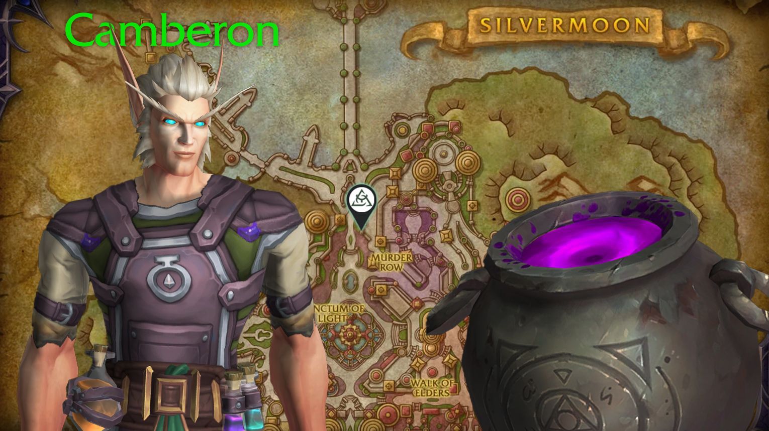 Alchemy trainer Camberon and his Cauldron in Silvermoon Bazaar – Midnight Alchemy location – WoW Midnight
