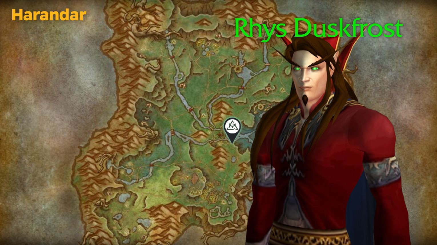 A quest giver NPC, Rhys Duskfrost, a blood elf located in the town of Fairbreeze Village in Eversong Woods, from the World of Warcraft Midnight expansion.