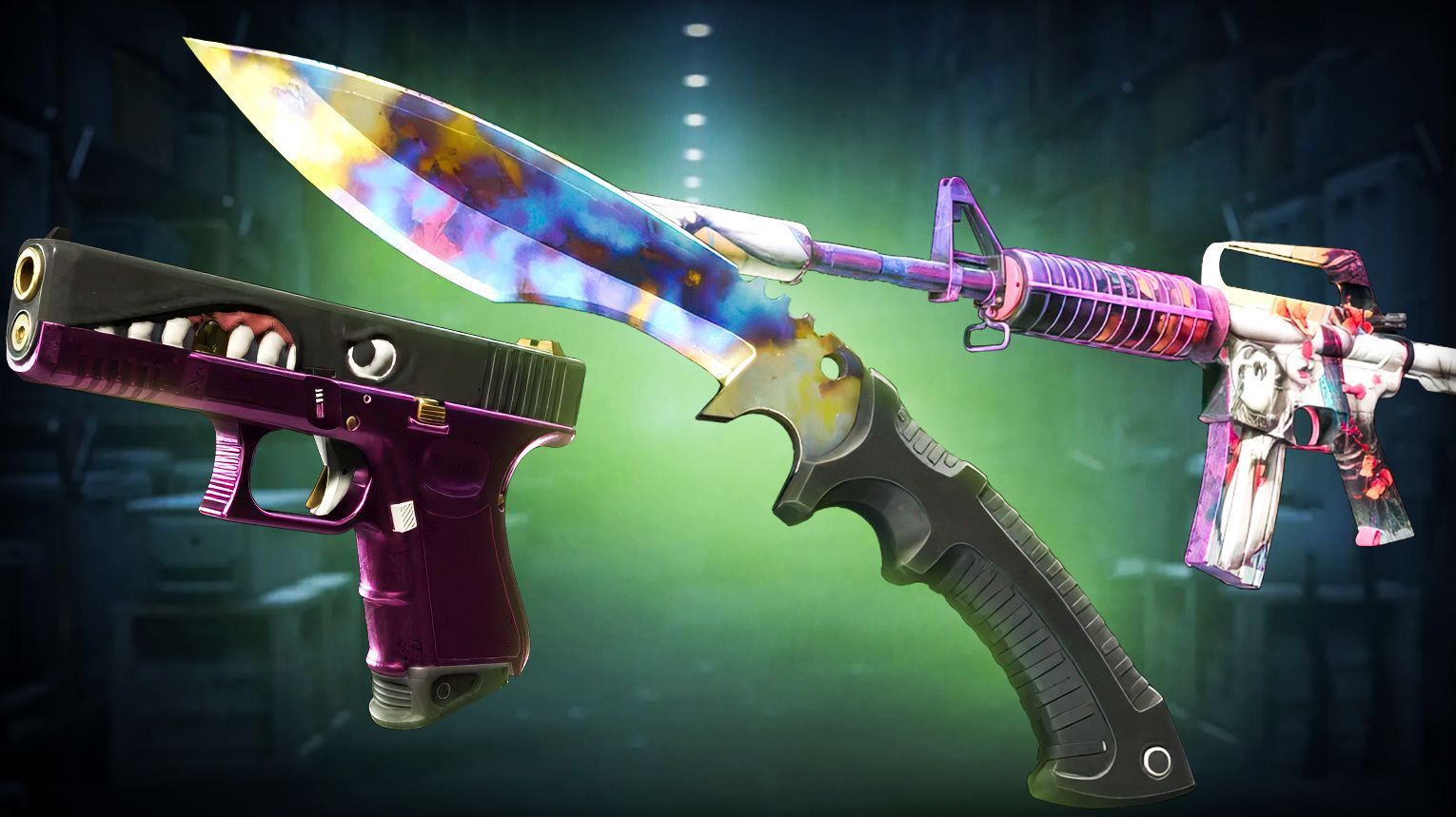 Gallery Case - Armory exclusive case with Kukri Knife in Chroma finishes - Covert M4A1-S Vaporwave and Glock-18 Gold Toof - Counter-Strike 2