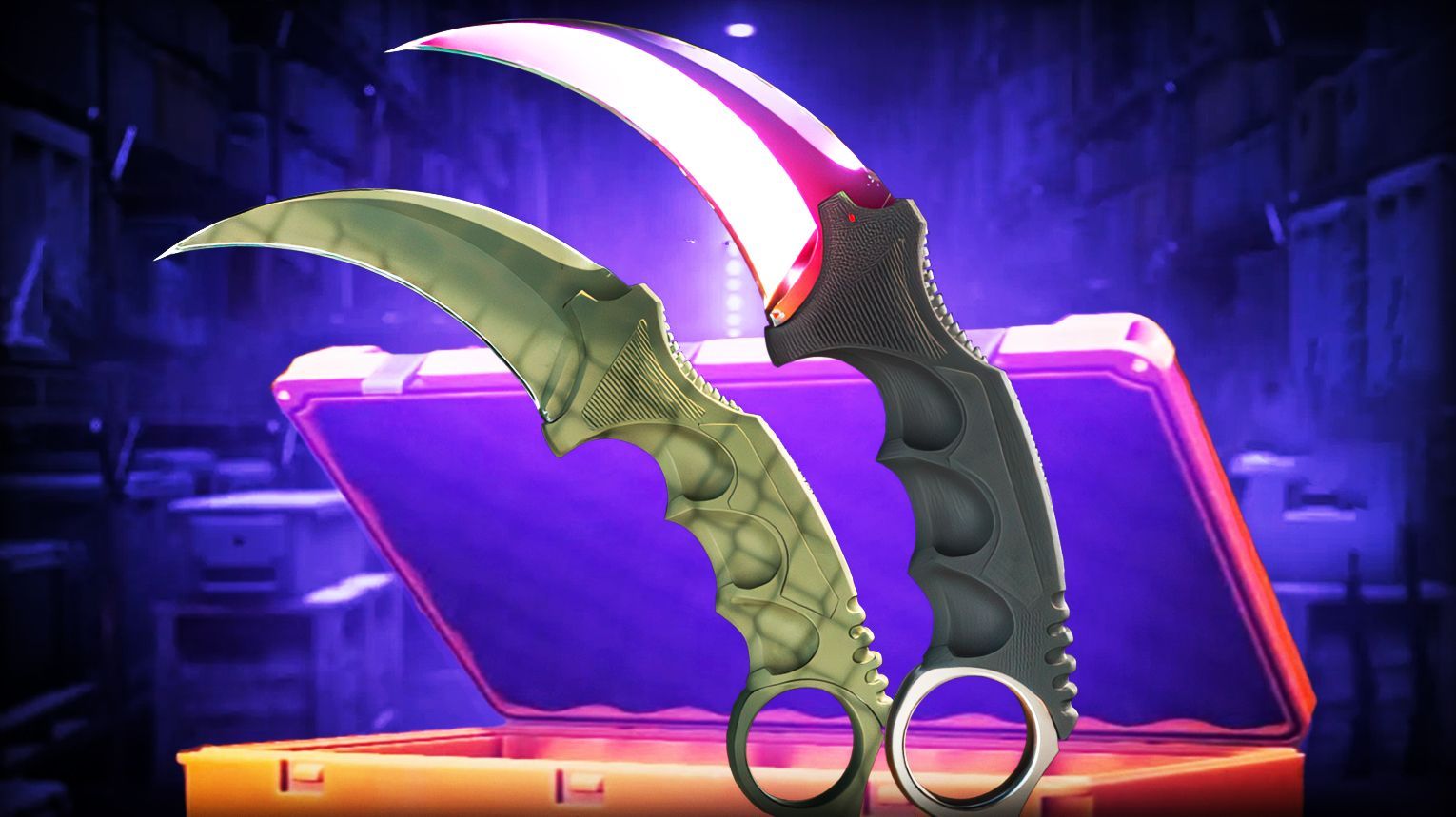 CS2 Karambit knife – hooked blade, classic finishes, Vanilla, Fade, Doppler, Crimson Web, Case Hardened Blue Gem – Counter-Strike 2
