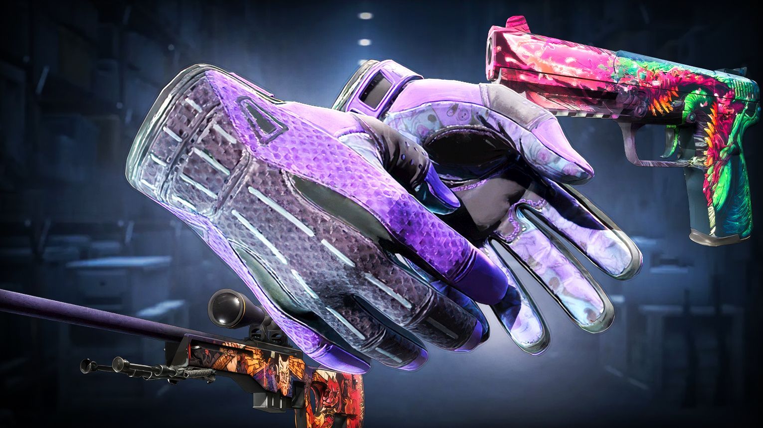 Operation Hydra Case – premium gloves including Pandora's Box, Covert AWP Oni Taiji, and all 8 glove models – CS2