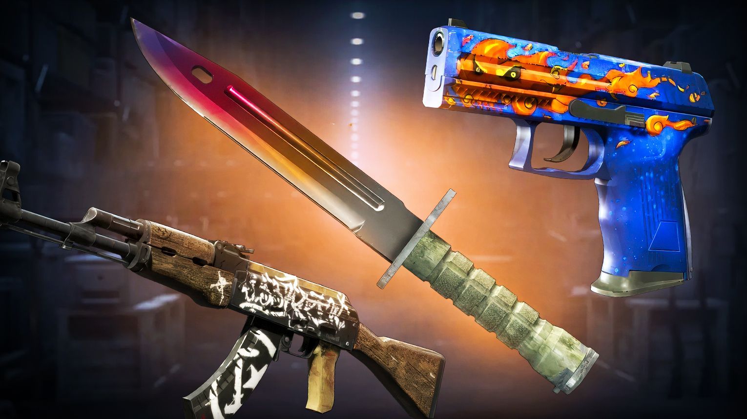 Operation Vanguard Weapon Case - Covert AK-47 Wasteland Rebel and P2000 Fire Elemental - Chroma finish knives including Karambit Doppler, M9 Bayonet Slaughter, Butterfly Knife Fade, Flip Knife Marble Fade - OG 5 knives Bayonet, Flip Knife, Gut Knife, Karambit, M9 Bayonet plus Huntsman Knife, Butterfly Knife, Falchion Knife - Counter-Strike 2