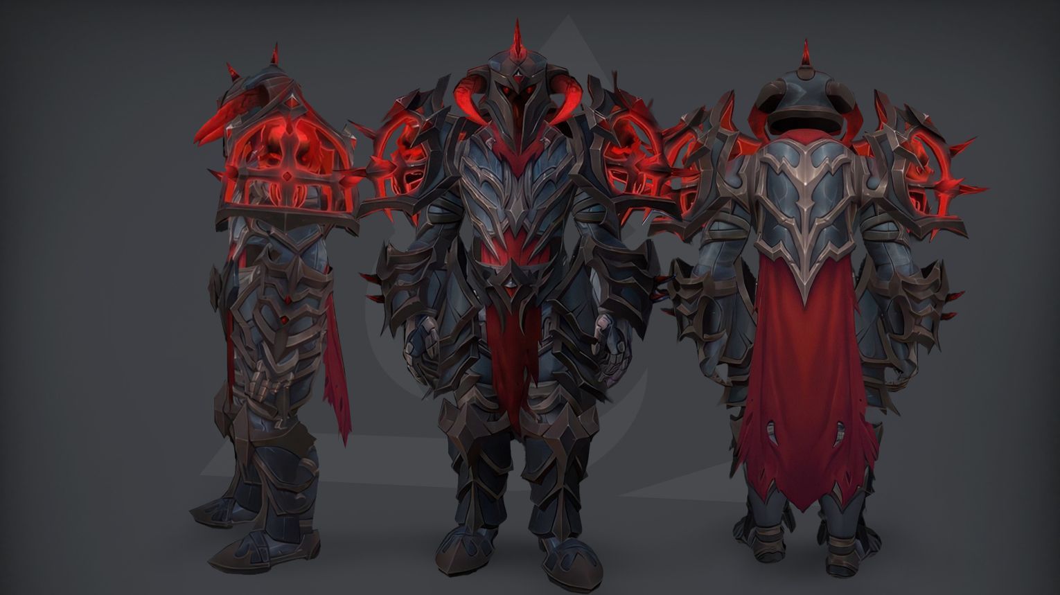 Death Knight PvP tier set from Midnight Season 2 — dark plate armor with crimson runes, skull‑shaped pauldrons, and a hooded helm. The set is available in Elite (1800 rating) and Gladiator (50 wins at 2300 rating in 3v3) variants. Background shows a moonlit arena with spectral chains and frozen graves.