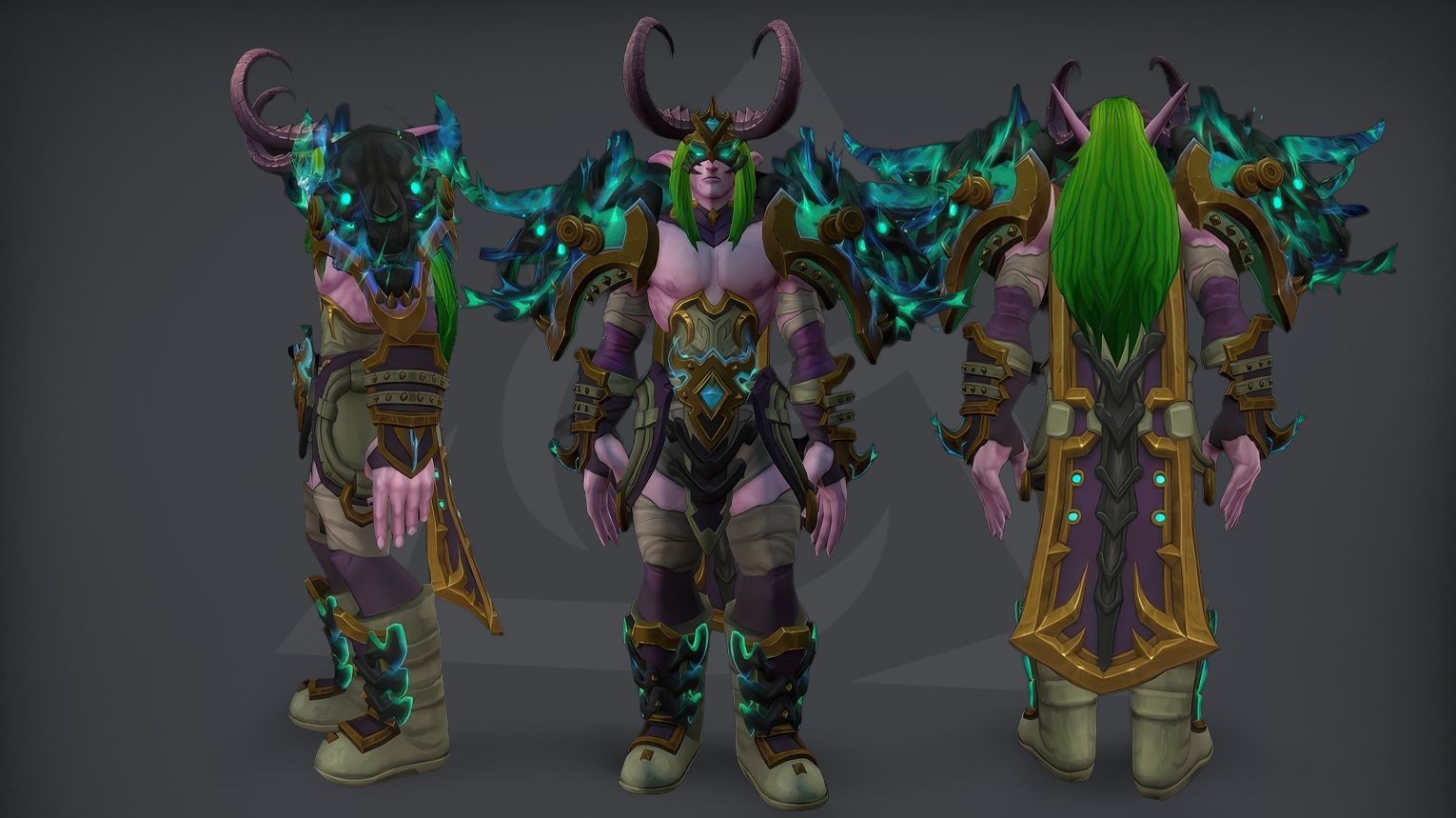 Demon Hunter PvP tier set from Midnight Season 2 — dark leather armor with jagged, demonic silhouettes, hooded cowl with blindfold, and warglaive-shaped shoulder pads. The set includes both Elite (1800 rating) and Gladiator (50 wins at 2300 rating in 3v3) variants. Background features a moonlit arena with fel-green flames and shattered demonic chains.