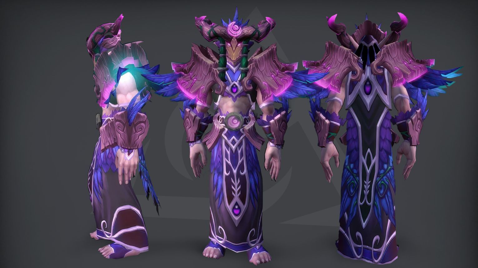 Druid PvP tier set from Midnight Season 2 — leather armor with organic, root‑like patterns, leafy shoulder pads, and an antlered hood. The set includes both Elite (1800 rating) and Gladiator (50 wins at 2300 rating in 3v3) variants. Background features a moonlit grove with glowing wildlife and ancient stone pillars.