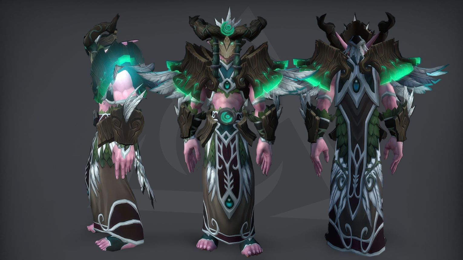 Druid PvP tier set from Midnight Season 2 — leather armor with organic, root‑like patterns, leafy shoulder pads, and an antlered hood. The set includes both Elite (1800 rating) and Gladiator (50 wins at 2300 rating in 3v3) variants. Background features a moonlit grove with glowing wildlife and ancient stone pillars.