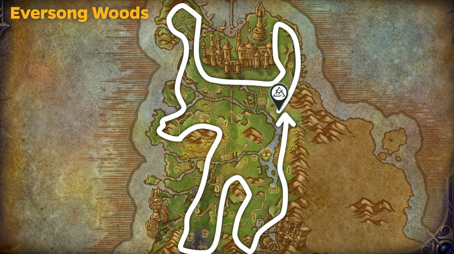 Eversong Woods mining routes — edge loops, cliff lines, and ore deposits in WoW Midnight.