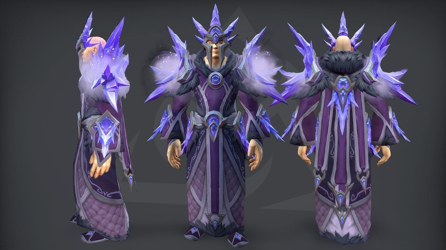 Mage PvP tier set from Midnight Season 2 — ornate cloth robes with celestial patterns, crystal‑studded shoulder pads, and a hooded cowl with a glowing arcane focus. The set includes both Elite (1800 rating) and Gladiator (50 wins at 2300 rating in 3v3) variants. Background features a moonlit arena with floating arcane runes and swirling temporal energy.