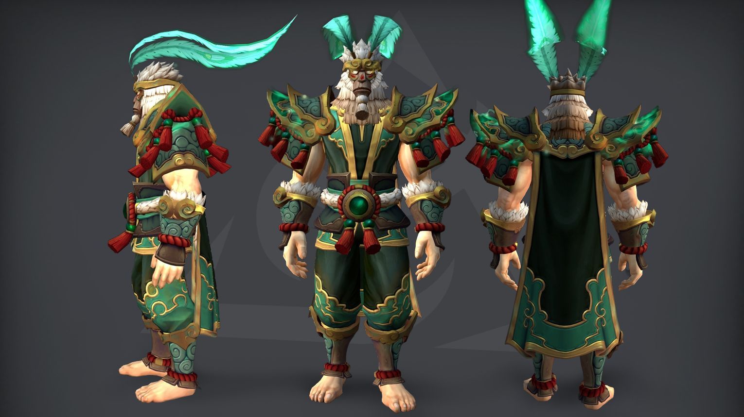 WoW Midnight Season 2 Monk tier set guide cover: Brewmaster, Mistweaver, and Windwalker 2-piece and 4-piece set bonuses from the Venomous Abyss raid. Monkey King-themed armor with serpent and troll motifs.