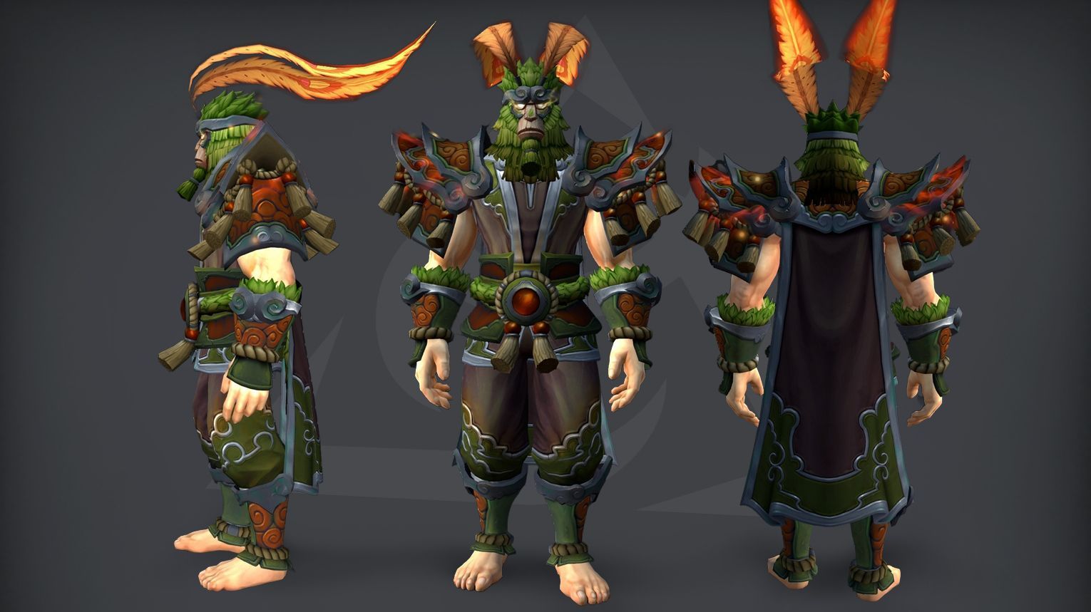 WoW Midnight Season 2 Monk tier set guide cover: Brewmaster, Mistweaver, and Windwalker 2-piece and 4-piece set bonuses from the Venomous Abyss raid. Monkey King-themed armor with serpent and troll motifs.