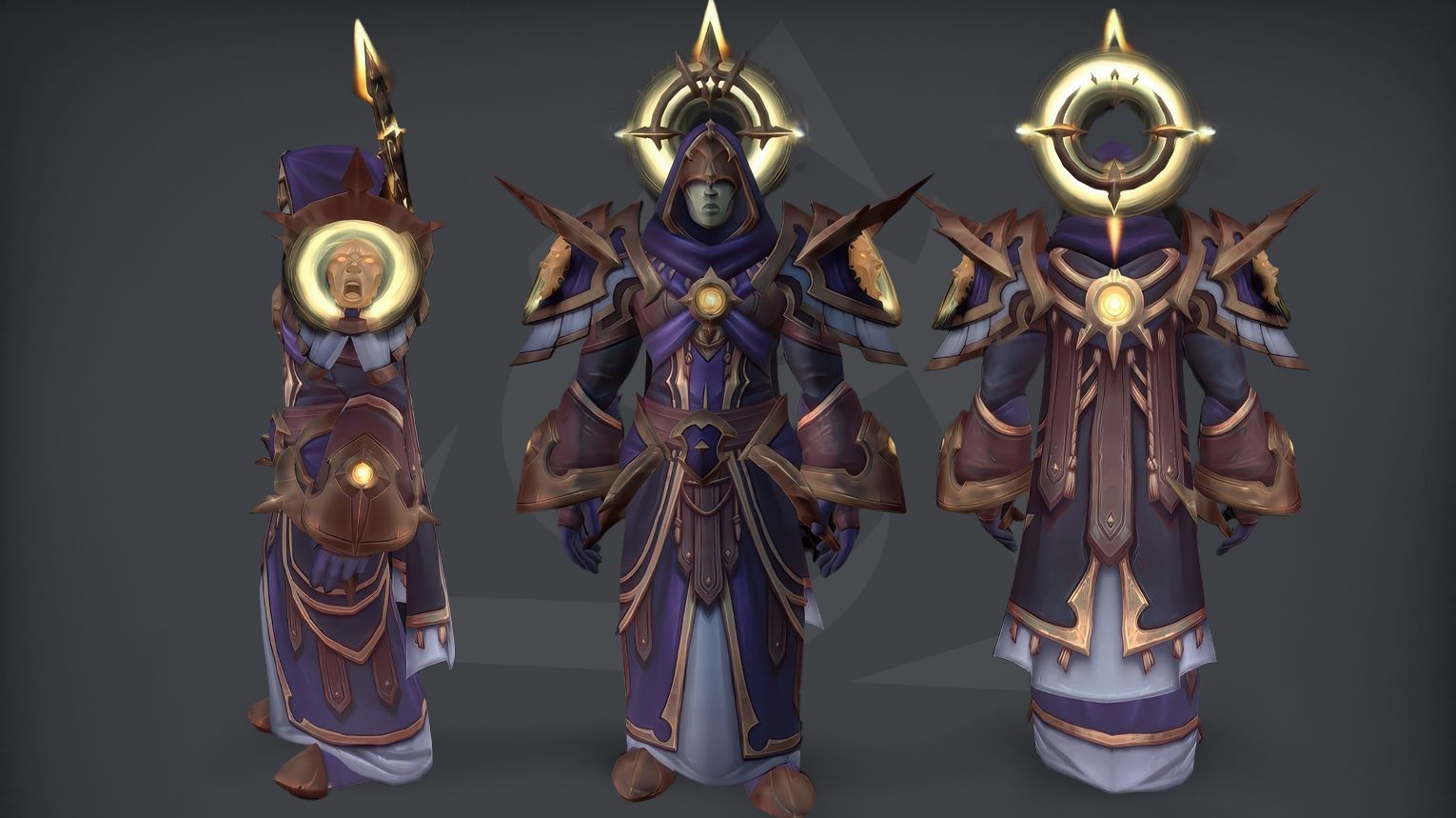 Priest PvP tier set from Midnight Season 2 — ornate cloth robes with ethereal, shadowy motifs, crescent moon-shaped shoulder pads, and a hooded cowl with a glowing halo. The set is available in Elite (1800 rating) and Gladiator (50 wins at 2300 rating in 3v3) variants. Background features a moonlit sanctum with floating prayer beads and holy runes.