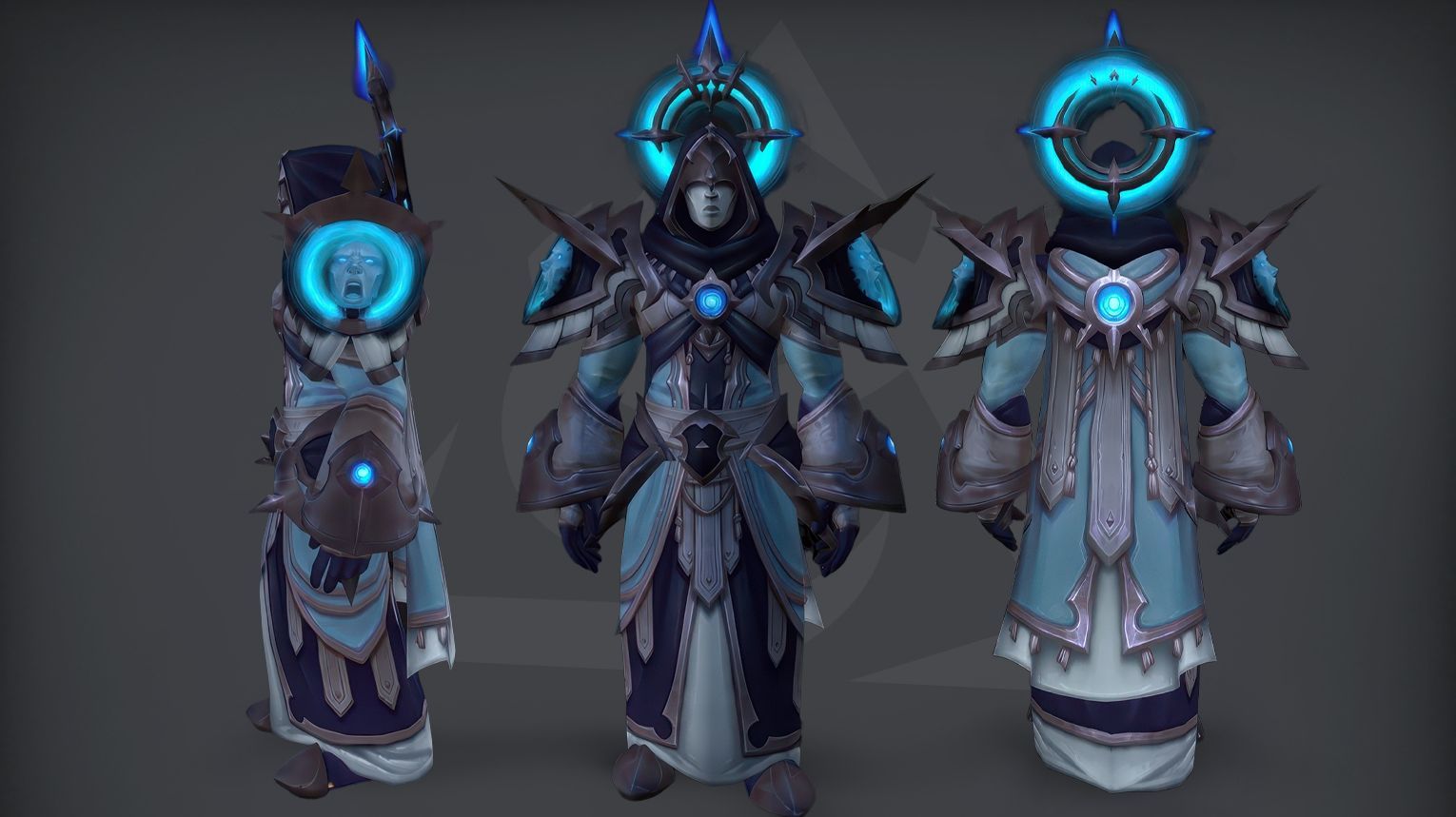 Priest PvP tier set from Midnight Season 2 — ornate cloth robes with ethereal, shadowy motifs, crescent moon-shaped shoulder pads, and a hooded cowl with a glowing halo. The set is available in Elite (1800 rating) and Gladiator (50 wins at 2300 rating in 3v3) variants. Background features a moonlit sanctum with floating prayer beads and holy runes.