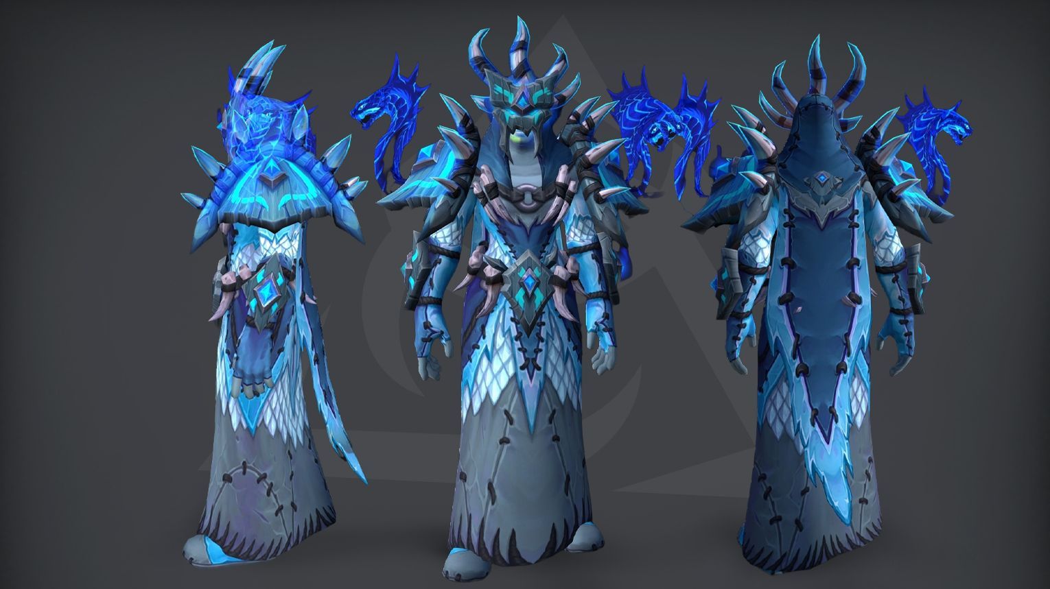 WoW Midnight Season 2 Shaman tier set guide cover: Elemental, Enhancement, and Restoration 2-piece and 4-piece set bonuses from the Venomous Abyss raid. Ophidian Oracle's Prophecy mail armor with spectral sea-serpent spirits, icy-blue scaled robe, horned helm, and serpent-troll motifs.