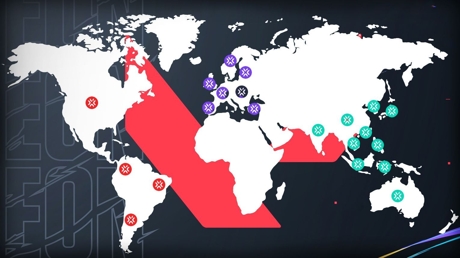 Valorant region selection screen with a world map and six highlighted regions: North America, Europe, Brazil, Japan, Latin America, and Asia-Pacific. Console icons for PS5 and Xbox Series X|S are displayed, along with a "Region Locked" warning symbol. In the background, the Valorant logo and an abstract globe with connecting lines represent server shards and matchmaking boundaries.