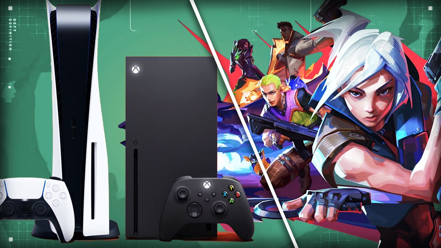 Valorant console splash screen with PlayStation 5 and Xbox Series X|S controllers side by side. A crossed‑out PlayStation 4 logo in the corner indicates the game is not available on last‑gen hardware. Background features the game's signature stylized character art and the Valorant logo.