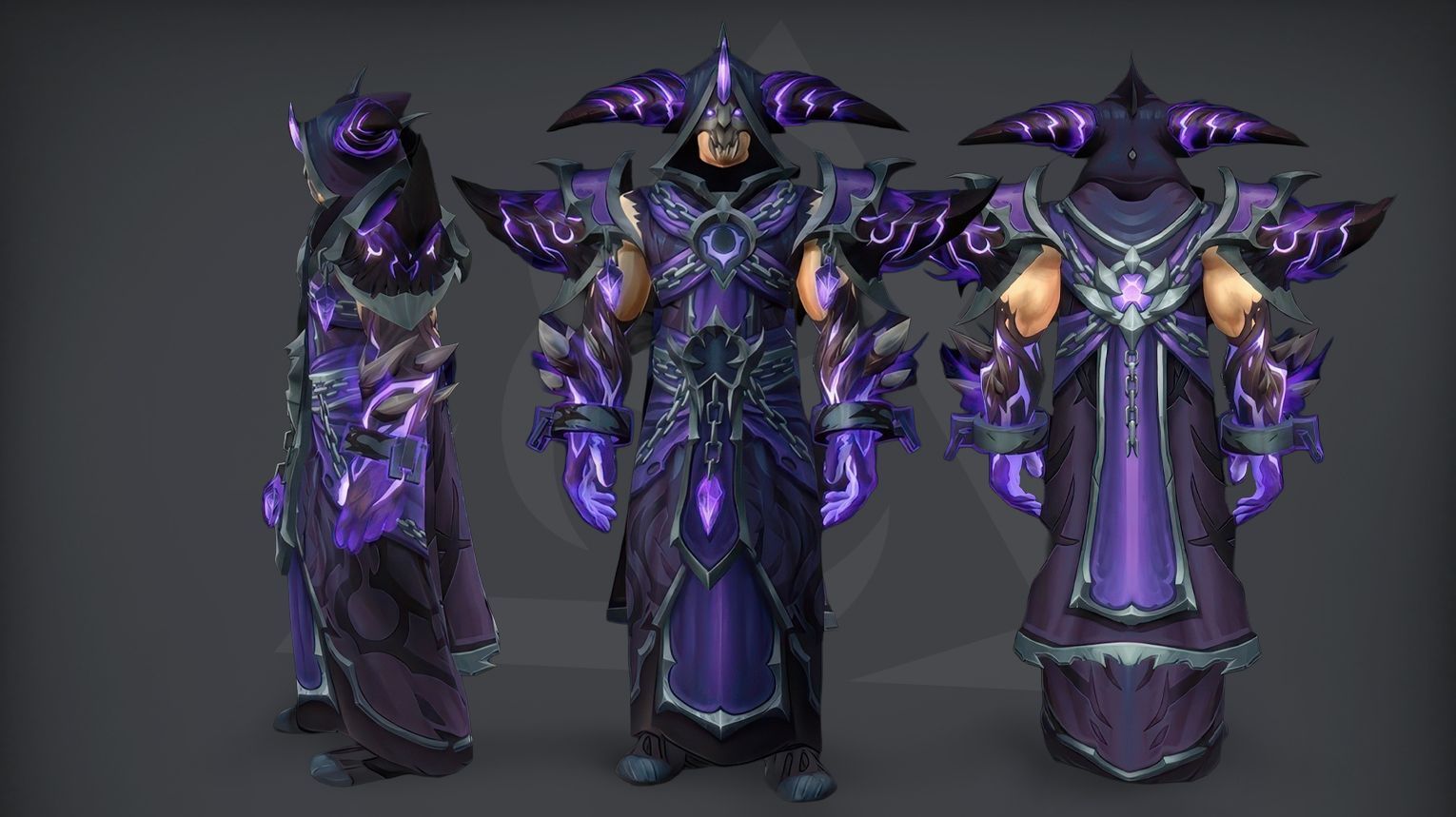Warlock PvP tier set from Midnight Season 2 — dark, serpentine cloth robes with coiled snake motifs, venom‑green accents, and hooded cowl with glowing eyes. The set includes both Elite (1800 rating) and Gladiator (50 wins at 2300 rating in 3v3) variants. Background features a moonlit arena with shadowy summoning circles and floating demonic runes.