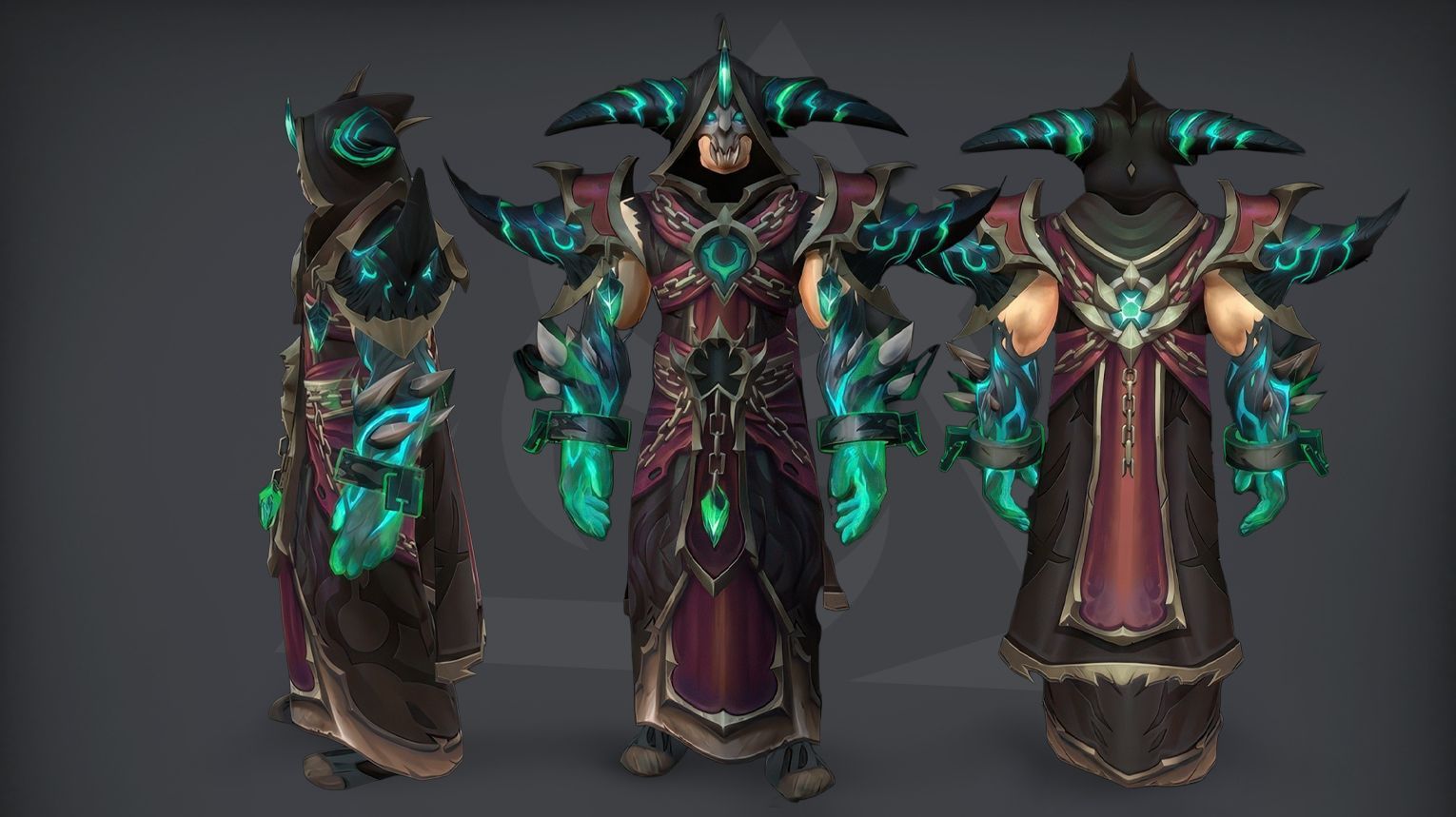Warlock PvP tier set from Midnight Season 2 — dark, serpentine cloth robes with coiled snake motifs, venom‑green accents, and hooded cowl with glowing eyes. The set includes both Elite (1800 rating) and Gladiator (50 wins at 2300 rating in 3v3) variants. Background features a moonlit arena with shadowy summoning circles and floating demonic runes.