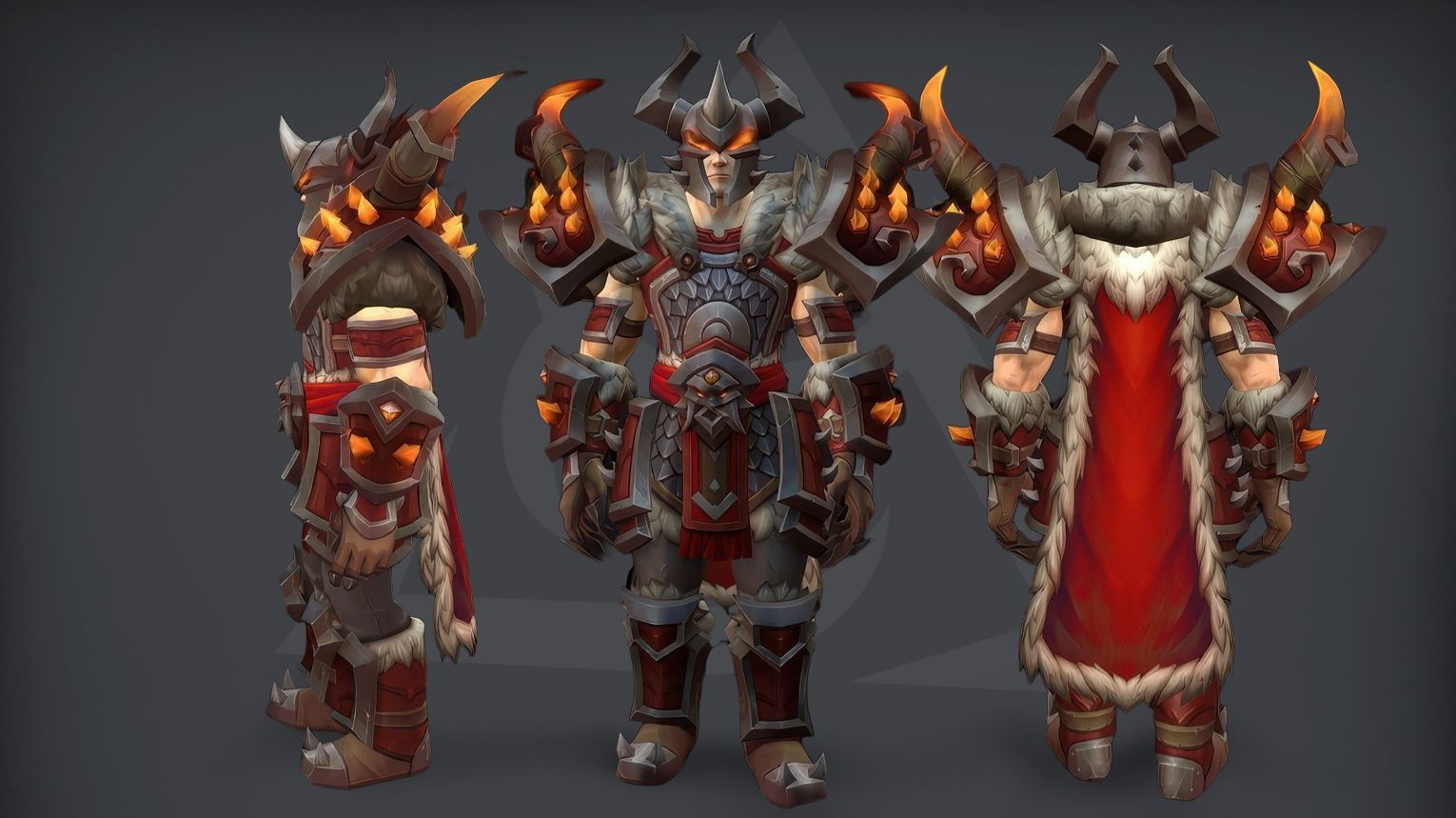 Warrior PvP tier set from Midnight Season 2 — heavy, battle‑scarred plate armor with jagged, fang‑like shoulder plates, a horned helm, and crimson‑tinged metal accents. The set is available in Elite (1800 rating) and Gladiator (50 wins at 2300 rating in 3v3) variants. Background features a moonlit arena with shattered shields and blazing war banners.