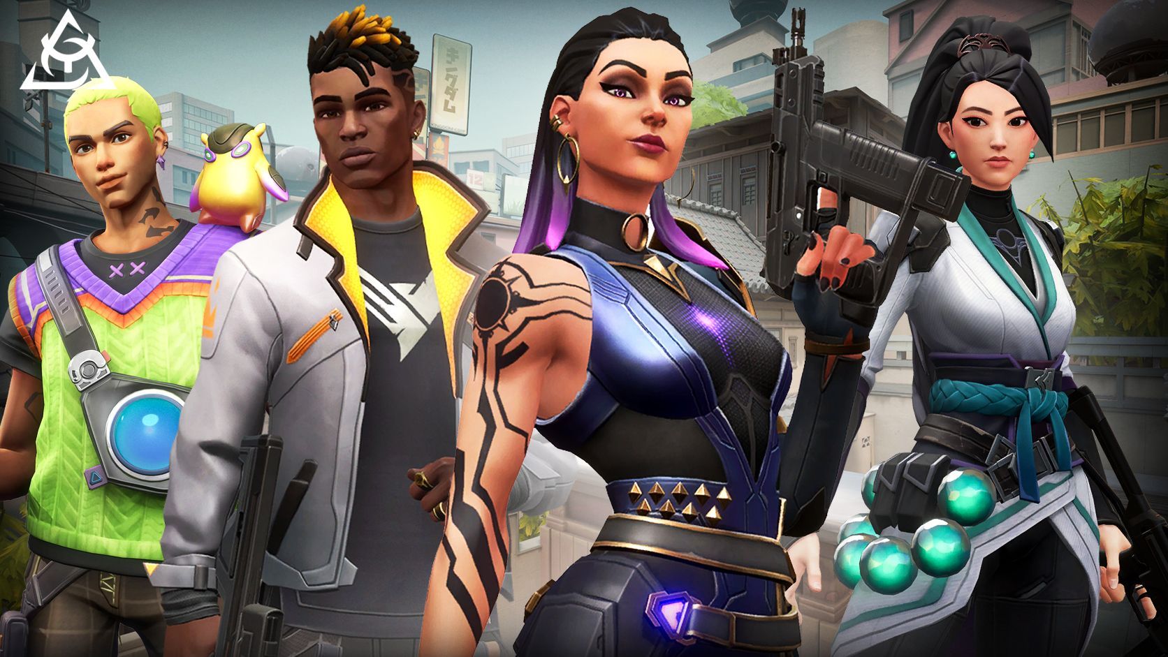 A split-screen display featuring five beginner-friendly Valorant agents: Reyna, Sage, Phoenix, Brimstone, and Gekko. Each agent is shown with their signature abilities highlighted. Reyna's Leer and Devour, Sage's Healing Orb and Barrier Orb, Phoenix's Curveball and Blaze, Brimstone's Sky Smoke and Stim Beacon, and Gekko's Mosh Pit and Wingman. A "Beginner Friendly" badge appears over each agent. Background features the Valorant training range with the game logo.