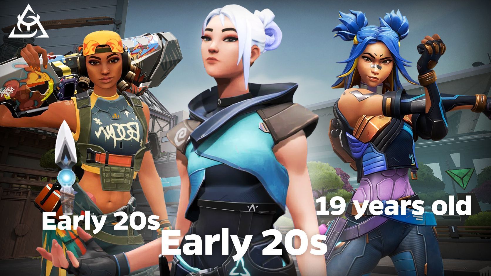 A split-screen display featuring Valorant agents arranged by age groups. Brimstone, the oldest at 45-50, stands on the left with gray hair and a commanding presence. Neon, the youngest at 19, stands on the right with electric blue energy. Center group shows agents in their 20s and 30s including Jett, Phoenix, Raze, Sage, Viper, and Sova. Each agent is labeled with their estimated age range. A large "Valorant Ages" heading with the game logo. Background features a timeline graphic from youngest to oldest.