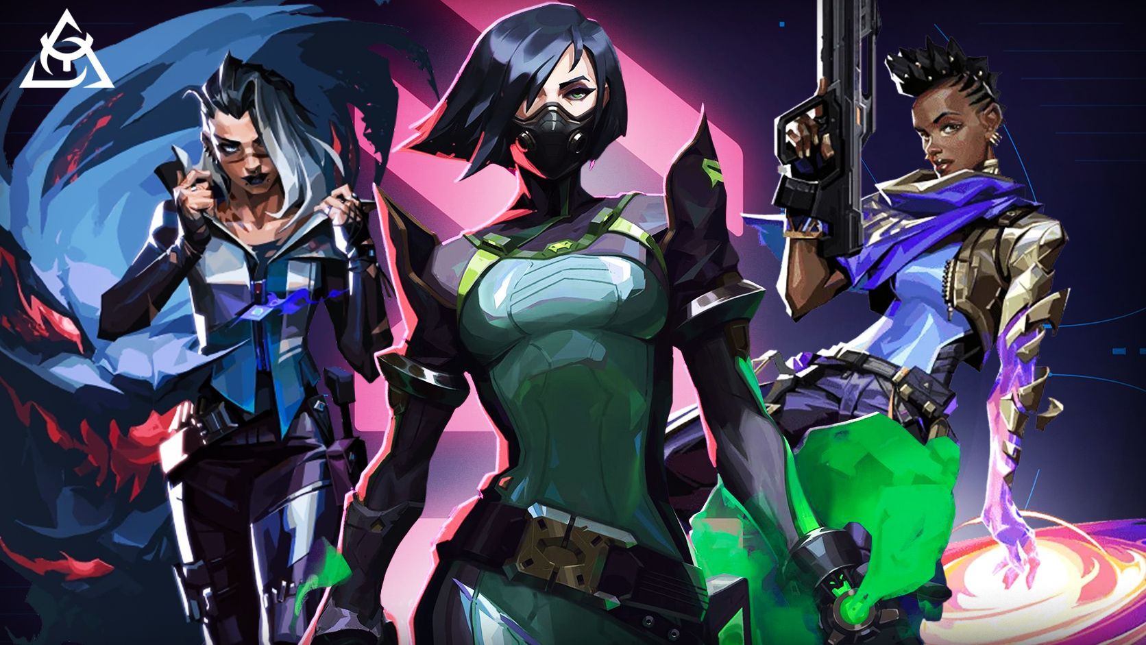 A complete lineup of all 12 female Valorant agents arranged by role: Sage, Killjoy, Deadlock, and Vyse as Sentinels; Skye and Fade as Initiators; Jett, Raze, Reyna, and Neon as Duelists; Viper and Astra as Controllers. Each agent appears in their signature pose with role color coding. Sage casts a healing orb, Jett holds her knives, Viper controls poison, and Reyna radiates purple energy. Background features the Valorant logo with feminine-themed accents.