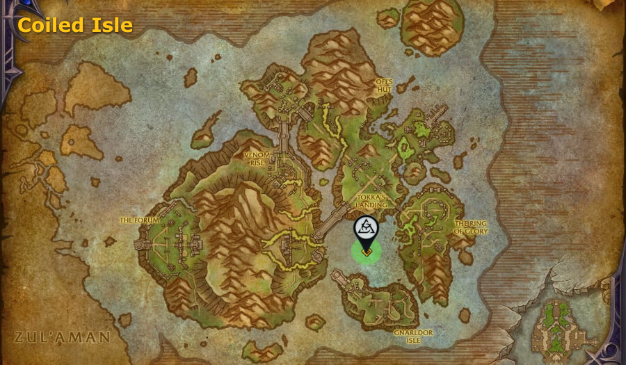 The Tidebound Grotto entrance location and underwater access in The Coiled Isle